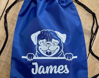 Personalised Pug Bag - P.E, Swimming, School, Football Activity Draw String Bag