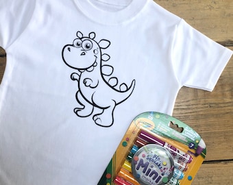 Kids Dinosaur Colouring T-shirt - Colour In Washable Top With Or Without Crayola Markers