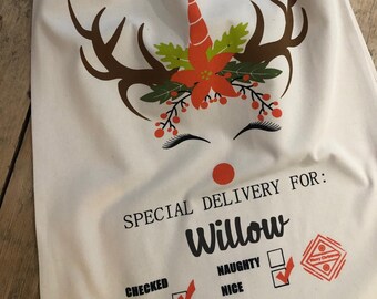 Personalised Large Christmas Unicorn Reindeer Santa Sack