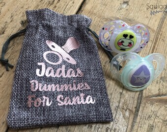 Personalised Dummy Bag For Santa - Send Dummies To Father Christmas - Grey Hessian Drawstring