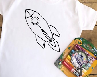 Kids Rocket Colouring T-shirt - Colour In Washable Top With Or Without Crayola Markers