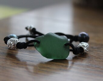 Olive Green Beach Glass Stretch Bracelet