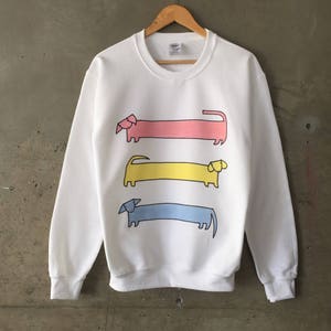 Weiner Dog Sweatshirt, Dachshund Sweatshirt, Doxie Sweatshirt - White Sweatshirt: Pink Yellow Blue