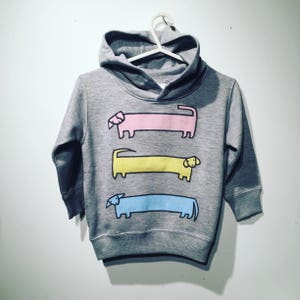 KIDS Weiner Dog Hoodie - Heather Grey Hoodie: Pink Yellow Blue - Dachshund Hoodie - Doxie Hoodie