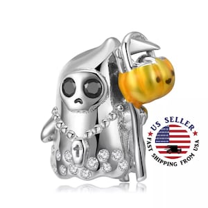 Ghostly Goblin Trick-or-Treater w/ Pumpkin Candy Basket Charm Sterling Silver - Halloween Charm - Ghost Charm  - Fits all Charm Bracelets