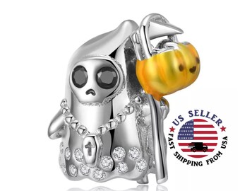 Ghostly Goblin Trick-or-Treater w/ Pumpkin Candy Basket Charm Sterling Silver - Halloween Charm - Ghost Charm  - Fits all Charm Bracelets