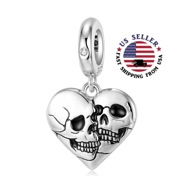 Love Forever Two Skulls in One Heart Sterling Silver - Skulls Heart Charm - Silver Skull Heart Pendant - Fits All Charm Bracelets