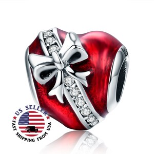 Gift of Love Red Enamel Sparkling Heart Charm Sterling Silver -  Red Heart Charm - wrapped Heart Charm - Love Charm-Fits All Charm Bracelets