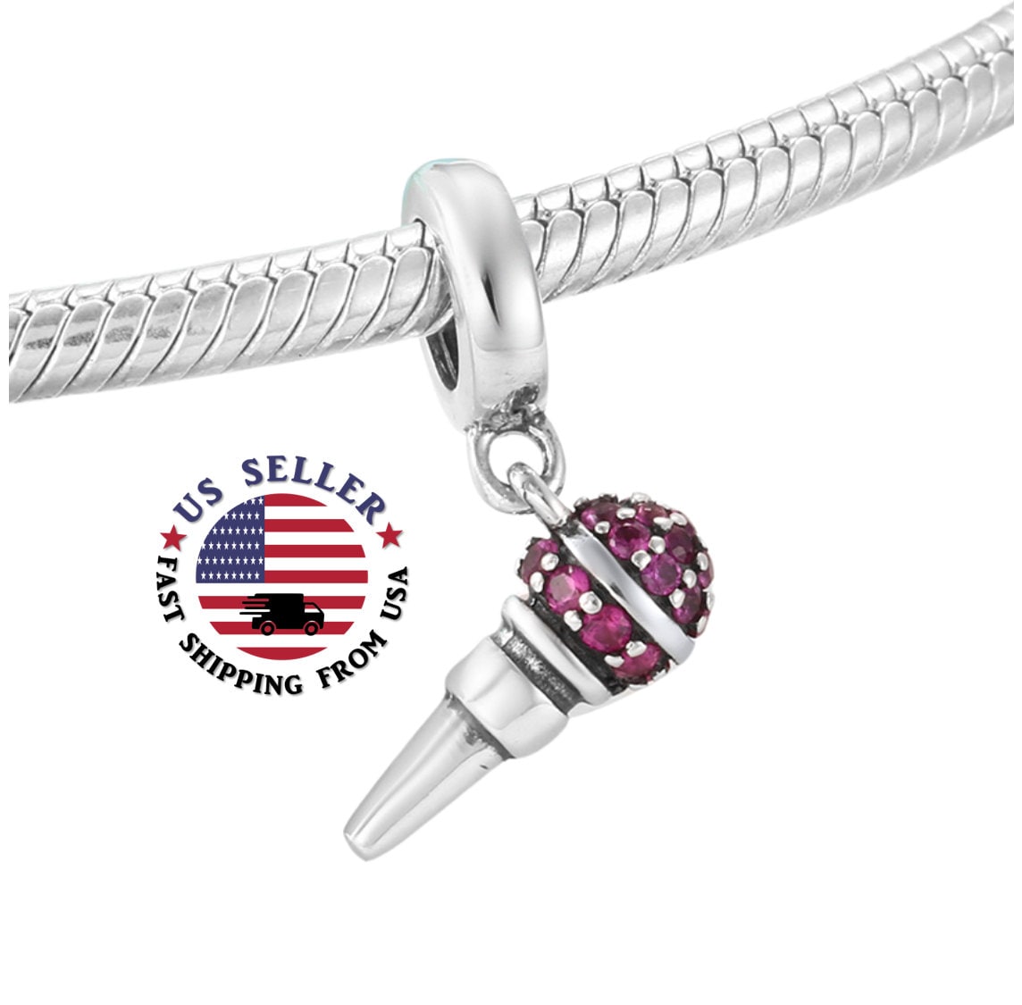 Karaoke Microphone Charm Sterling Silver Karaoke Mic Charm Silver Microphone Charm Purple Mic Pendant Fits All Charm Bracelets