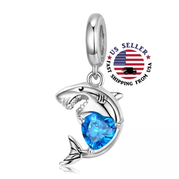 Blue Heart Shark Charm Sterling Silver - Great White Shark Charm - Silver Shark Pendant - Charm Bracelet - Fits all Charm Bracelets