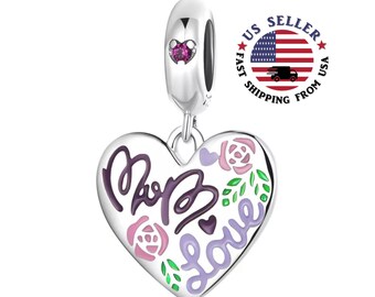 MOM Love Heart Dangle Charm Sterling Silver - Mother Dangle Charm - Love Mom Heart Charm - Charm Bracelet - Fits all Charm Bracelets