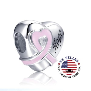 Hope Pink Ribbon Charm Sterling Silver - Pink Ribbon Heart Charm - Cancer Awareness Charm - Hope Bead -  Fits all Charm Bracelets