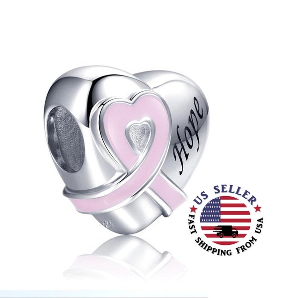 Hope Pink Ribbon Charm Sterling Silver - Pink Ribbon Heart Charm - Cancer Awareness Charm - Hope Bead -  Fits all Charm Bracelets