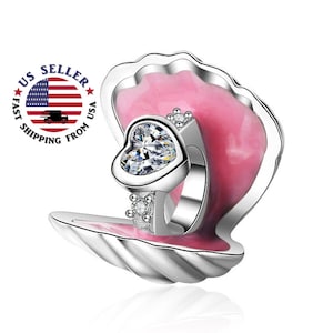 May include: A silver charm in the shape of a seashell with a pink enamel interior. A heart-shaped ring with a clear cubic zirconia stone sits inside the shell.