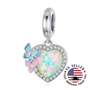 Opalite Crystal Heart Butterfly Charm Sterling Silver - Opal Heart Charm - Sparkling Heart Charm - Heart Charms - Fits All Charm Bracelets