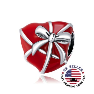 Gift of Love Red Enamel Heart Charm Sterling Silver -  Red Heart Charm - wrapped Heart Charm - I Love You Charm - Fits All Charm Bracelets