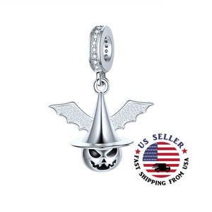 Scary Pumpkin Head Charm Sterling Silver - Halloween Charm - Ghost Charm - Pumpkin Bat Charm - Pumpkin Charm - Fits all Charm Bracelets