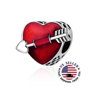 First Love Red Enamel Heart and Arrow Charm Sterling Silver - Cupid Heart Charm - First Love Charm - Heart Bead - Fits All Charm Bracelets