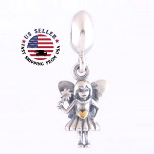 Silver Angel Charm - Fairy Charm - Silver Plated Fiary Dangle Charm with Gold Heart - Fits all Charm Bracelets
