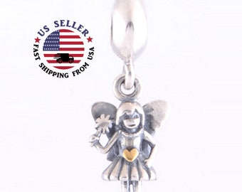 Silver Angel Charm - Fairy Charm - Silver Plated Fiary Dangle Charm with Gold Heart - Fits all Charm Bracelets