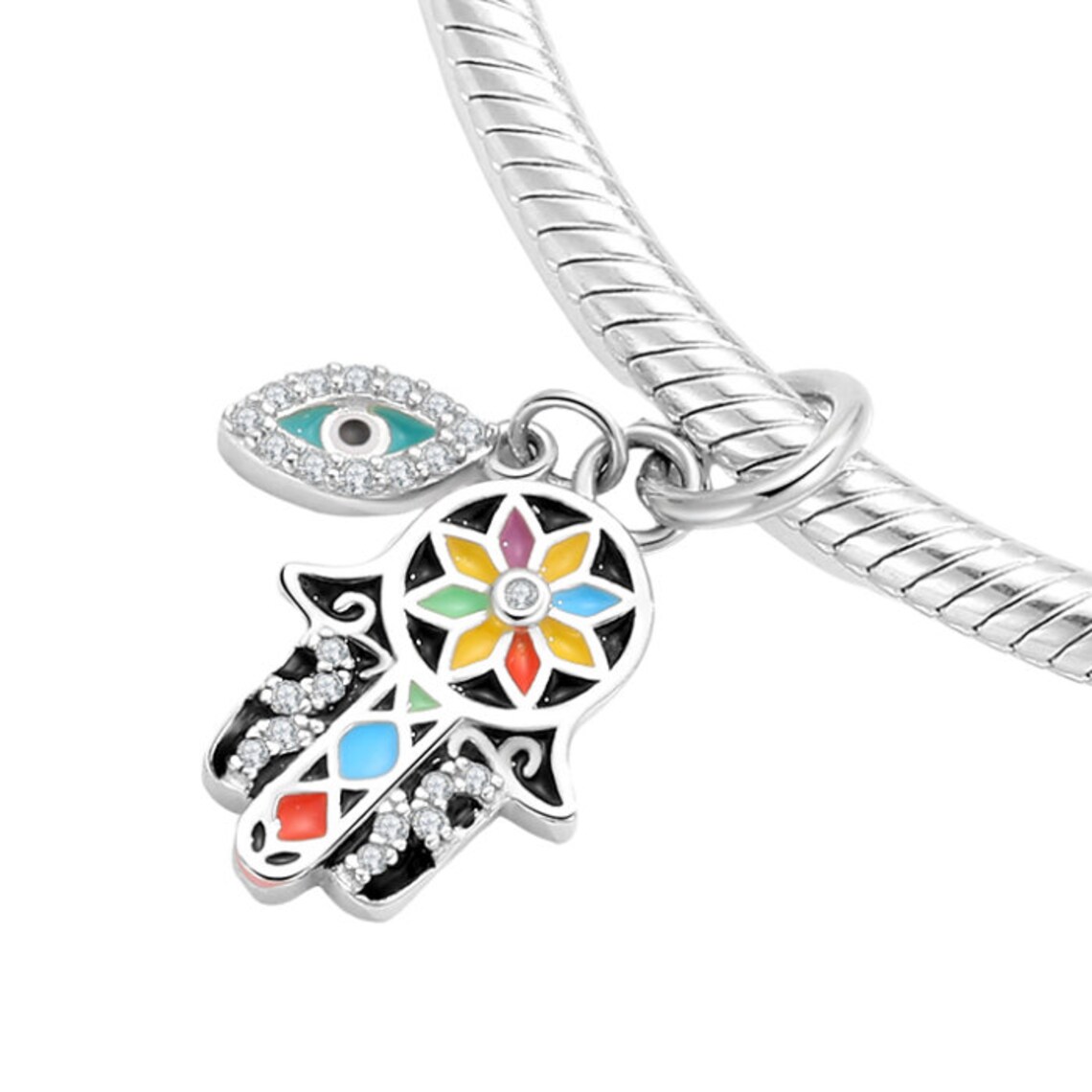 Hamsa Charm Sterling Silver Colorful Hamsa Charm Evil Eye Etsy