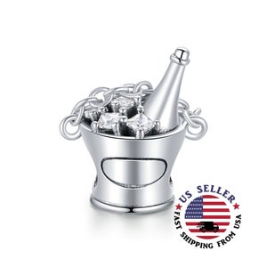 Champagne Bottle Charm Sterling Silver - Champagne Charm - Celebration Charm - Champagne Bottle in Ice Bucket Charm-Fits All Charm Bracelets
