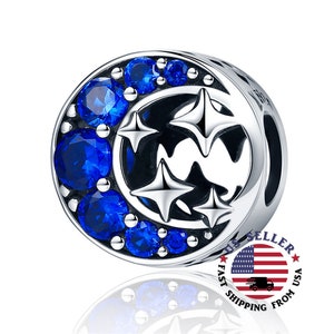 Crystal Moon and Stars Charm Sterling Silver - Moon Charm - Blue Sky Charm - Stars Charm - Moon and Blue Sky Charm -Fits all Charm Bracelets
