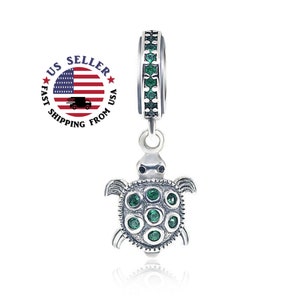 Silver Turtle Charm - Sterling Silver Turtle Charm - Green Rhinestone Turtle  Charm - Turtle Dangle charm - Fits all Charm Bracelets