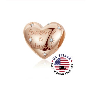 Rose Gold Forever & Always Charm Sterling Silver -  Love Forever Charm - Rose Gold Heart Charm - Love You Charm - Fits All Charm Bracelets