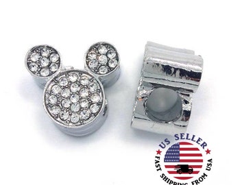 Mickey Mouse Silver Charm - Mickey Mouse Charm - Mickey Shape Rihnestone Bead - Fits all Charm Bracelets (Large Hole)