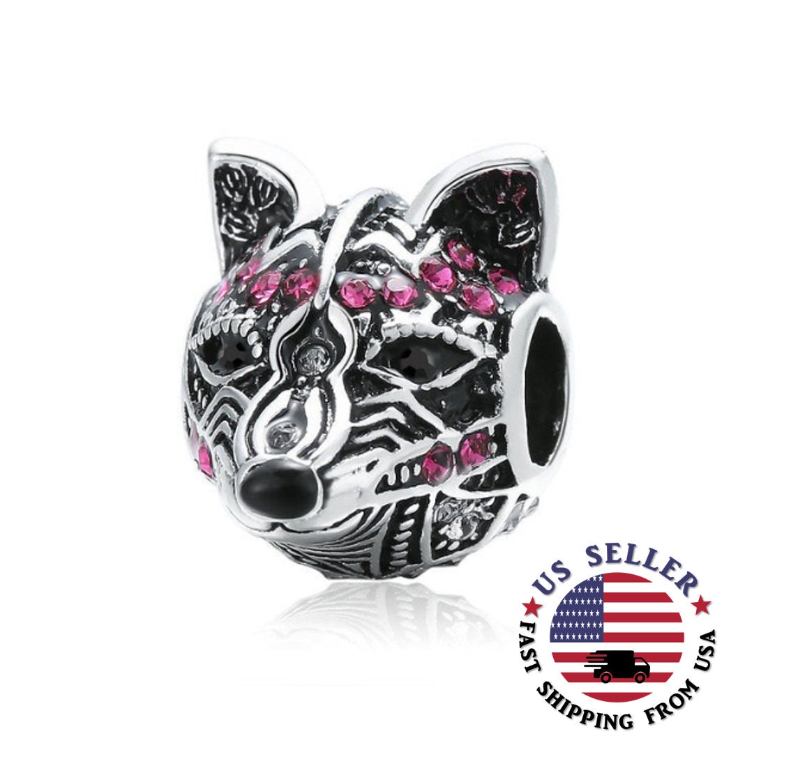 Wolf Charm Wolf Rhinestone Charm Silver Wolf Charm Pink Etsy