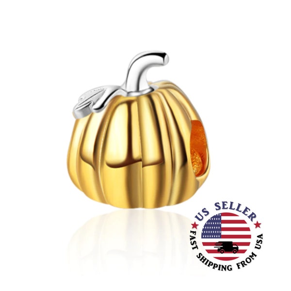 Gold Pumpkin Charm Sterling Silver - Pumpkin Charm - Halloween Charm - Pumpkin Charms - Golden Pumpkin Charm - Fits all Charm Bracelets