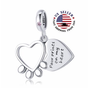 Paw Prints on My Heart Dangle Charm - Dog Paw Heart Charm - Love Dogs Charm - Dog Mom Charm - Dog Paw Charm - Fits all Charm Bracelets