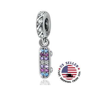 Argent sterling cristal violet - breloque skateboard - bracelet à breloques - cadeau pour elle - s&#39;adapte à tous les bracelets à breloques