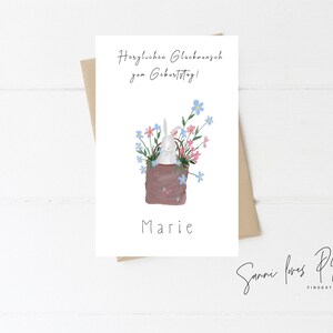 Karte zum Geburtstag| Postkarte| Glückwunschkarte| Birthday| Junge  Mädchen| personalisiert| Motiv Hase im Korb Illustration