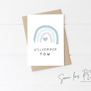Karte zur Geburt| Postkarte| Glückwunschkarte| Geburt| Baby Junge| personalisiert| Motiv Regenbogen Illustration, blaugrau