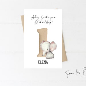 Karte zum 1. Geburtstag| Postkarte| Glückwunschkarte| Elefant| Baby  Mädchen, Junge| personalisiert| 1.Geburtstag