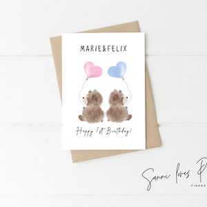 Karte zum 1.Geburtstag  Zwillinge| Postkarte| Glückwunschkarte| Geburt| Baby Junge Mädchen| personalisiert| Motiv Teddy Paar,1st Birthday