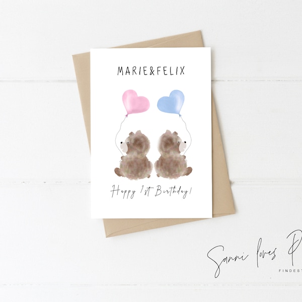 Karte zum 1.Geburtstag  Zwillinge| Postkarte| Glückwunschkarte| Geburt| Baby Junge Mädchen| personalisiert| Motiv Teddy Paar,1st Birthday
