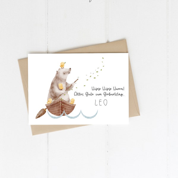 Karte "Alles Gute zum Geburtstag" ,personalisiert| Postkarte| Glückwunschkarte| Birthday|  Junge Mädchen| Motiv Bär mit Küken im Boot