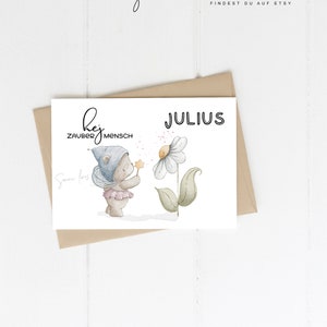 Postkarte, A6 Karte "Zaubermensch", Teddy mit Blume Illustration, Glückwunschkarte, Freundschaftskarte, personalisiert