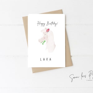 Postkarte, A6 Glückwunschkarte "Happy Birthday!", Pferd mit Glücksklee  oder Blumen Illustration, personalisiert, Klappkarte, blanko Karte