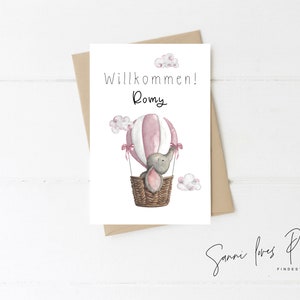 Postkarte, A6 Karte "Willkommen!", Elefant im Heißluftballon Illustration, Geburt Glückwunschkarte, Baby,rosa, blau, personalisiert