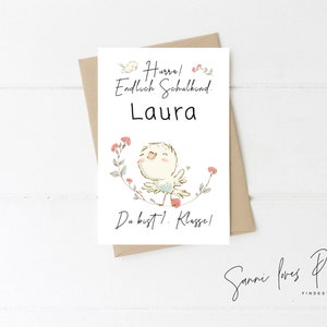 Postkarte, A6 Glückwunschkarte "Schulanfang", Vogel und Blumen Illustration, personalisiert