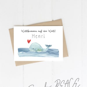 Karte zur Geburt| Postkarte| Glückwunschkarte| Geburt| Baby Junge| personalisiert| Motiv Wal mit Herz Illustration, blau