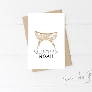 Karte zur Geburt| Postkarte| Glückwunschkarte| Geburt| Baby Mädchen,Junge| personalisiert| Motiv Babywiege mit Baby Illustration,Boho