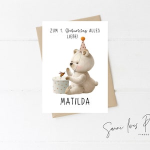 Karte zum 1. Geburtstag| Postkarte| Glückwunschkarte| Teddy| Baby  Mädchen, Junge| personalisiert| 1.Geburtstag