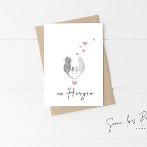 A6 Postkarte mit Motiv Katzenfamilie, Illustration, Aufschrift "Von Herzen", Grußkarte