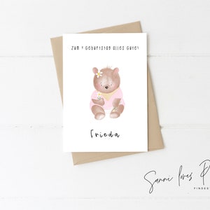 Karte zum 1. Geburtstag| Postkarte| Glückwunschkarte| Teddy| Baby Junge Mädchen| personalisiert| Motiv rosa Teddy mit Blumen