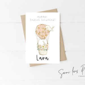 Postkarte, A6 Glückwunschkarte "Schulanfang", Heißluftballon und Vogel Illustration, personalisiert
